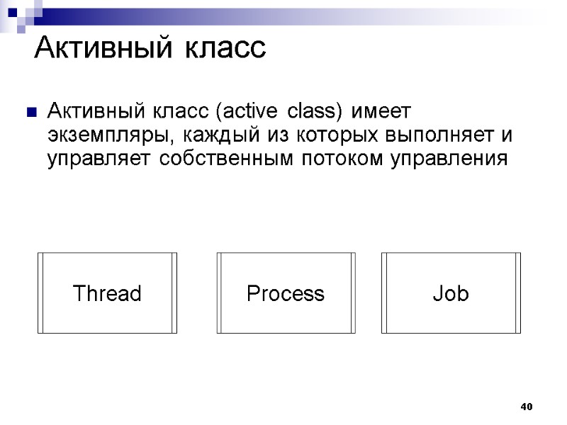 40 Активный класс Активный класс (active class) имеет экземпляры, каждый из которых выполняет и
